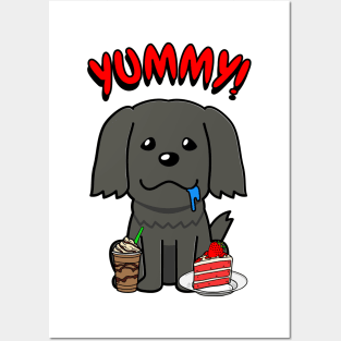 Cute black dog is having coffee and cake Posters and Art